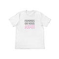 Unisex white t-shirt from the International Women's Rights Day collection with the message Femme on vous aime in black and magenta font. Fitted 100% cotton T-shirt with a strong feminist message to contribute to the fight for gender equality. Expressing your convictions is already a first step in this fight and in a stylish way.